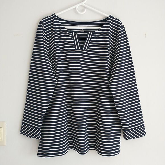 Talbots Tunic Top Women 2XPetite Blue Striped Split Neck Cotton Casual Nautical - Picture 1 of 7